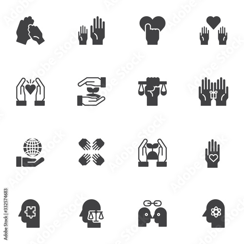 Core values vector icons set, modern solid symbol collection, filled style pictogram pack. Signs, logo illustration. Set includes icons as responsibility, word passion, goal, growth, strategy, trust