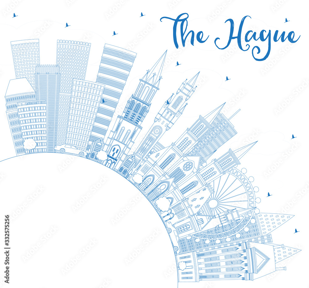 Outline The Hague Netherlands City Skyline with Blue Buildings and Copy Space.
