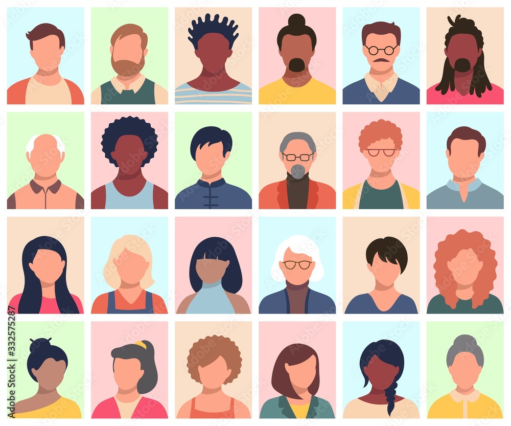 Set of persons, avatars, people heads of different ethnicity and age in flat style. Multi nationality social networks people faces collection. Set of persons, avatars, people heads of different ethnicity and age in flat style. Multi nationality social networks people faces collection.