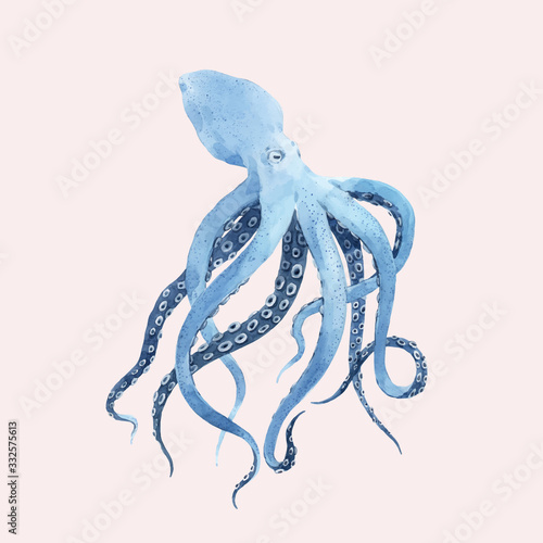 Beautiful vector underwater watercolor octopus stock illustration.