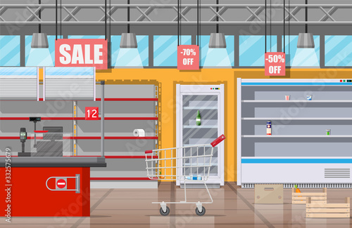 Interior of supermarket with empty shelves. Empty shopping cart, food hoarding. No food or necessities in store. Financial crisis, war, epidemic virus. Panic of Coronavirus. Flat vector illustration