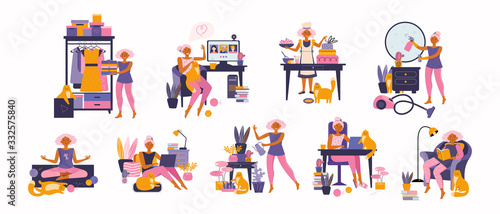 Woman enjoying their free time, performing leisure activities and doing hobbies - home garden, meditating, reading book, cooking, freelance, study online, cleaning, with a pet. Spending time at home.