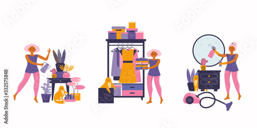 Woman enjoying their free time, performing leisure activities and doing hobbies - takes care of indoor plants, cleaning the room, spends time with a pet. Cat with its owner. Spending time at home