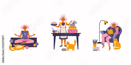 Woman enjoying their free time, performing leisure activities and doing hobbies - cooking, meditating, reading book, spends time with a pet. Funny red cat with its owner. Spending time at home