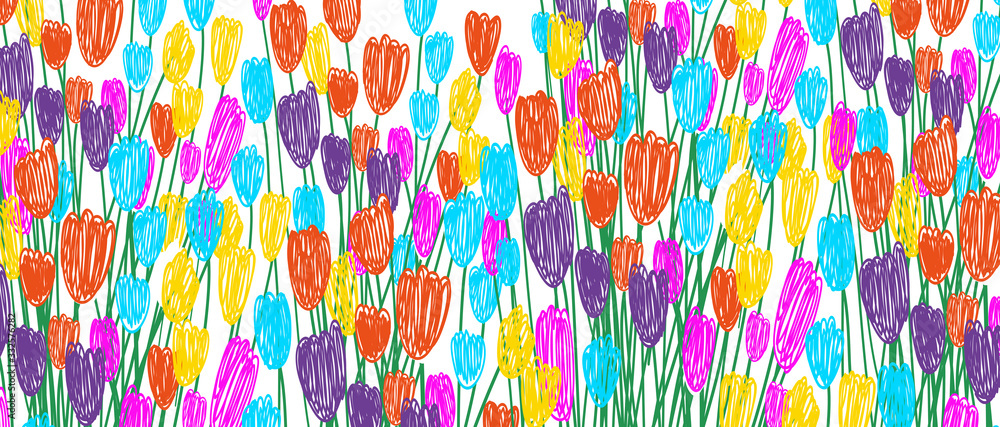 Tulips. Different colorful flowers on white background. Happy Mothers day. Spring time. Happy womens day.
