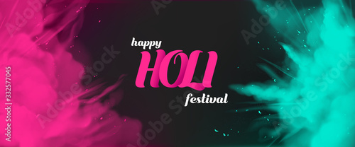 Holi powder paints empty banner template, horizontal border with pink and green color splashes on black background colorful cloud or explosion, indian festival ad. Realistic 3d vector illustration