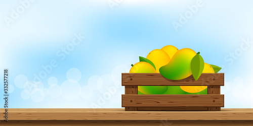 mango in wood crate, wood crate of ripe mango on wooden table, copy space for advertisement sale slogan, mango fruit pack in wooden crate box on wood counter, mango heap in wooden box and banner space