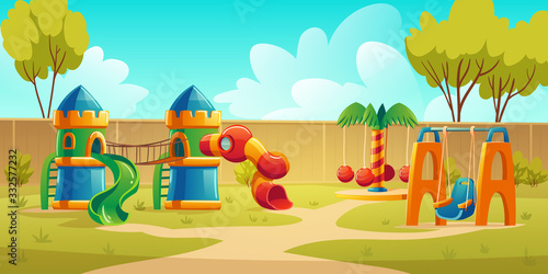 Kids playground in summer park, garden or backyard with carousel, spiral tube slide and swing. Vector cartoon illustration of kindergarten play ground, castle with slides on green lawn