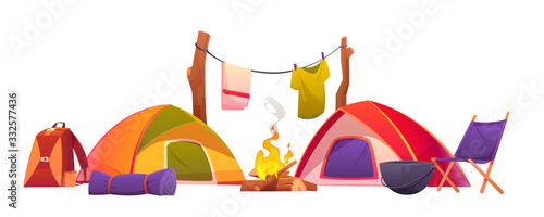 Camping equipment set. Tents  burning campfire  backpack  rolled sleeping bag  boiler  chair and clothing hanging on rope for drying isolated on white background. Hiking cartoon vector illustration