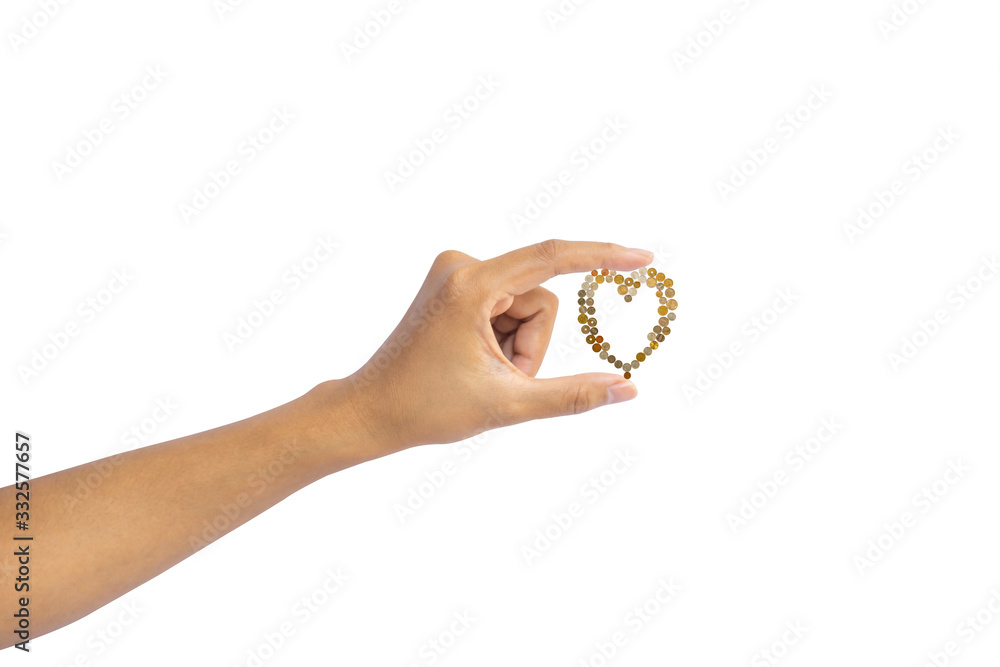 A hand holding money, International cash including European, Hongkong, Malaysia, Thai coin, they are golden, silver and bronze coins collocate in a heart shape isolated on white with clipping path A hand holding money, International cash including European, Hongkong, Malaysia, Thai coin, they are golden, silver and bronze coins collocate in a heart shape isolated on white with clipping path