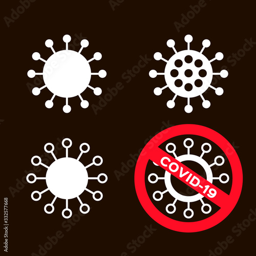 Coronavirus. Covid-19. Stop virus sign. Stay home. Symbol of the fight against coronovirus. Spread prevention. 2019-nCoV. Coronavirus quarantine. Coronovirus infection emblem. Black White. Flat.