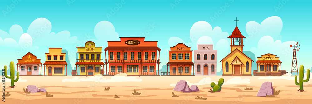 Western town with old wooden buildings. Wild west desert landscape with cactuses. Vector cartoon illustration of wild west city street with catholic church, saloon, sheriff office, bank and hotel Western town with old wooden buildings. Wild west desert landscape with cactuses. Vector cartoon illustration of wild west city street with catholic church, saloon, sheriff office, bank and hotel