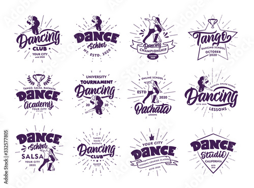 Set of vintage Dancing emblems, stamps, stickers. Sport badges on white background isolated with rays.