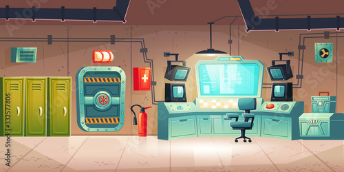 Underground bunker interior with lockers, control panel with monitors, armored door. Vector cartoon illustration of bomb shelter for survival under nuclear war. Secret science base or lab