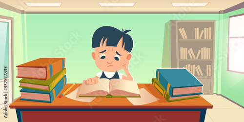 Tired student having stress of study. Sad boy reading book, prepare for exam or homework in school or university. Vector cartoon illustration of upset pupil sitting at table with stacks of books