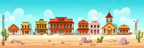 Western town with old wooden buildings. Wild west desert landscape with cactuses. Vector cartoon illustration of wild west city street with catholic church, saloon, sheriff office, bank and hotel
