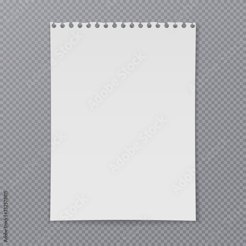 White notebook paper with curled corners and soft shadow is on squared background for text. Vector illustration
