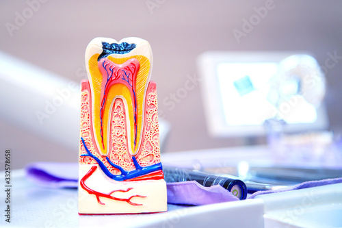 Modern dental practice. Dental chair and other accessories used by dentists