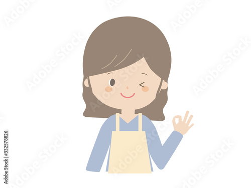 A woman wearing an apron to pose OK.