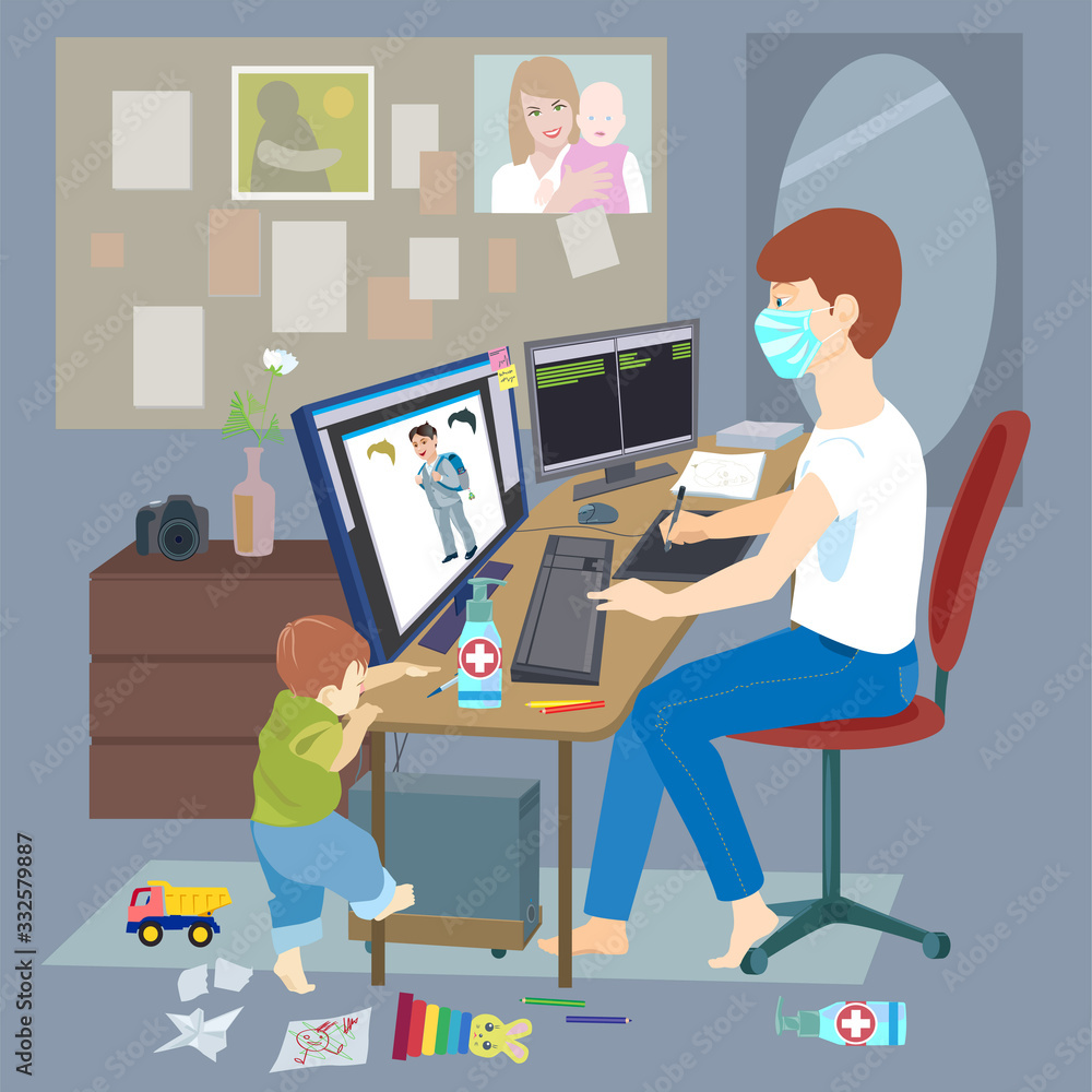 Stay at home. Young father, man working from home, freelancer Stay at home. Young father, man working from home, freelancer