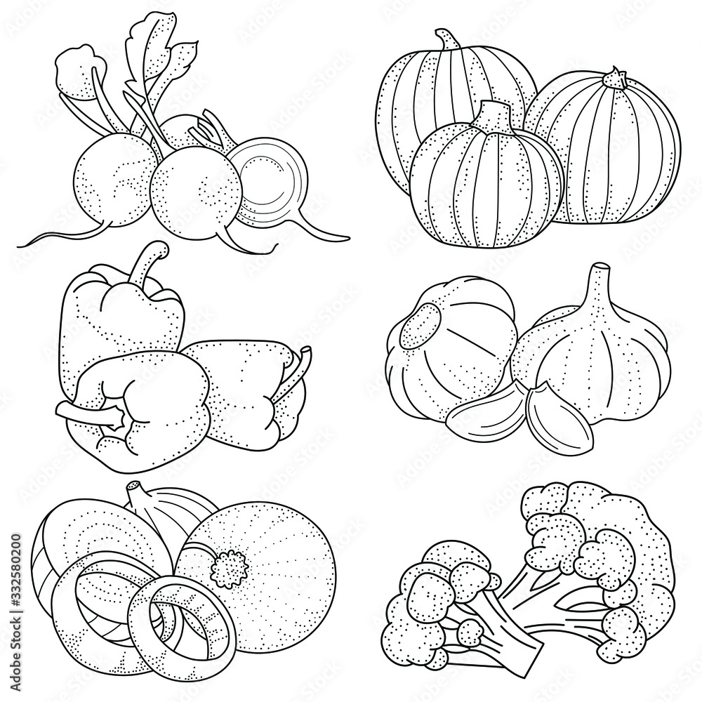 Set of hand drawing vegetables; doodle vegetables for stickers, posters, web design. Black and white vector illustration. Set of hand drawing vegetables; doodle vegetables for stickers, posters, web design. Black and white vector illustration.