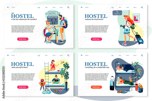 Room booking flat vector sitepages set. Hostel receptionist and lodgers, tourists with luggage cartoon characters. Hotel business, student dormitory check in, Accommodation reservation, sharing.