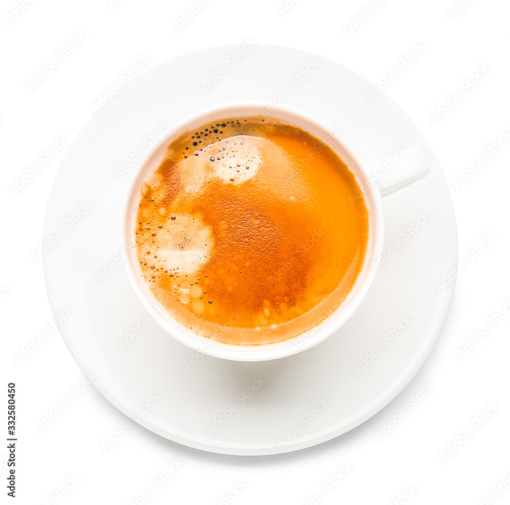 Cup of hot coffee on white background, top view Cup of hot coffee on white background, top view