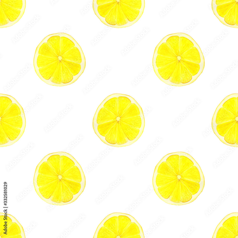 Hand-drawn yellow watercolor half of lemon seamless pattern on white background. Citrus endless print for your design. Cute fruit slice wallpaper.