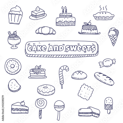 Cake and sweets doodles element vector illustration in cute hand drawn style isolated on white background 