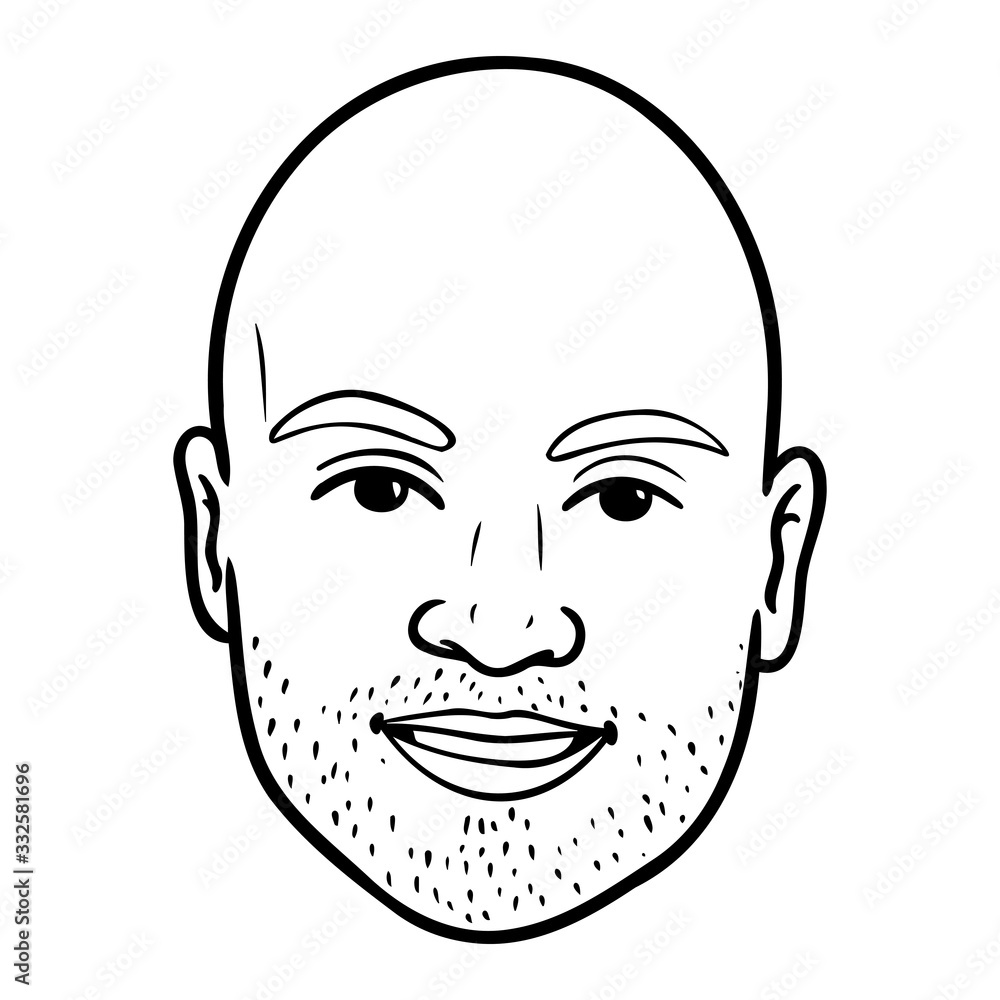 man with three-day beard and bald head. laugh, avatar, monochrome, comic.