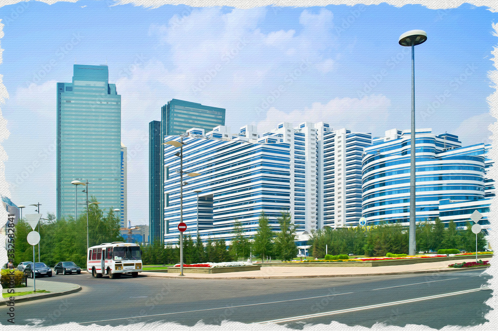 Imitation of a picture. Oil paint. Illustration. Astana. Center of city. Nurzhol Boulevard