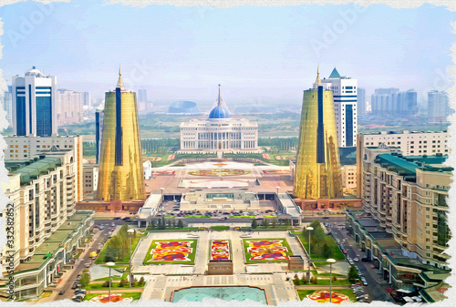  Imitation of a picture. Oil paint. Illustration. Astana. View from the bird's-eye view