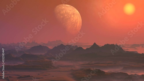 Misty Alien Planet. The rocky desert is covered with thick pink fog. A huge planet (moon) is slowly approaching. Bright yellow sun slowly sets. 