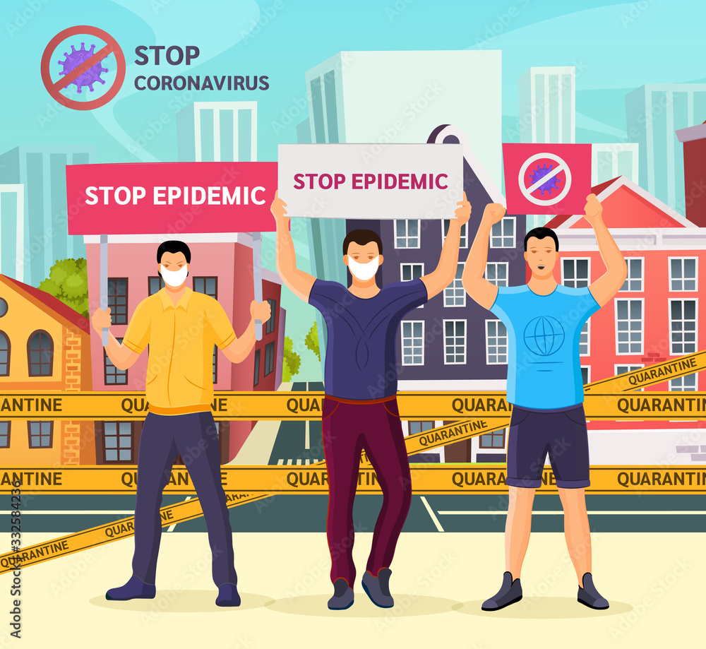 Obraz premium Coronavirus in China. Coronavirus pandemic COVID-19. Protesting group people with placards calling for stop epidemic. Students wearing protective masks protect the face against chinese virus vector