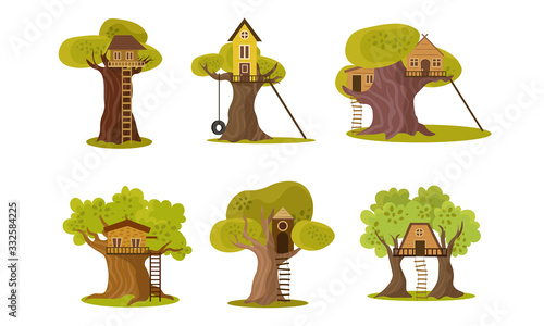Set of cute small tree houses. Vector illustration in flat cartoon style.
