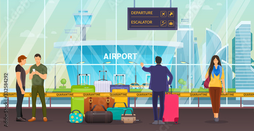 Coronavirus in China. Coronavirus pandemic COVID-19. Passengers women men waiting to arrival and departure with luggage, suitcases, bags in airport terminal cartoon vector illustration.