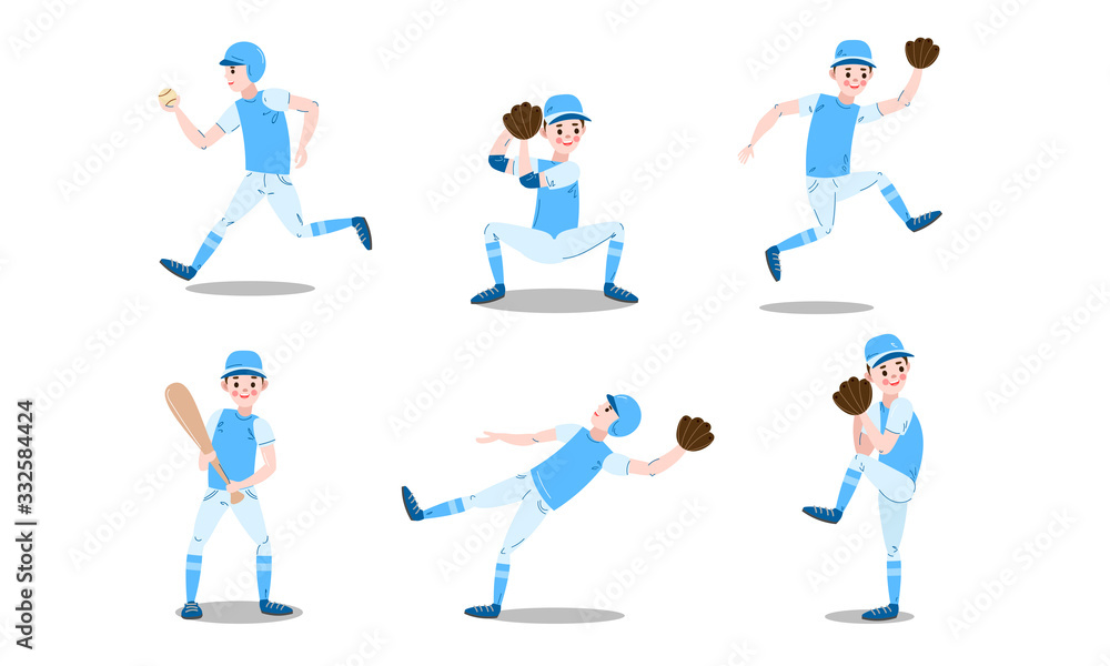 Set of baseball player characters in different actions. Vector illustration in flat cartoon style. Set of baseball player characters in different actions. Vector illustration in flat cartoon style.