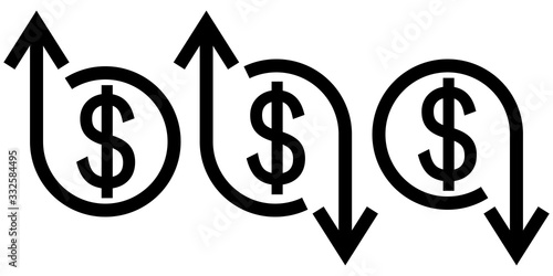 Icon crisis development flourishing, vector dollar sign and arrow up and down, concept of economic crisis and business development