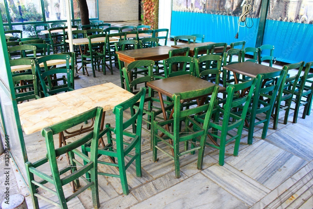 Athens, Greece, March 21 2020 - Closed restaurant due to Coronavirus quarantine measures.	
