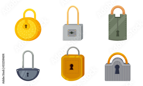 Set of different types of padlocks. Vector illustration in flat cartoon style.