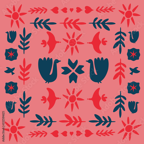 Decor inspired by traditional art form in red, pink and dark blue. Spring celebration folk doodle art square tile. Folklore cliparts elements for notebook, tile, napkins, coasters, postcard
