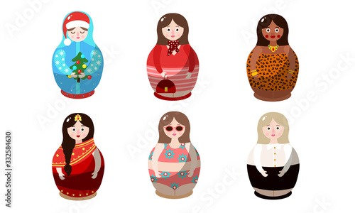 Set of nesting dolls in colorful costumes of different nationalities. Vector illustration in flat cartoon style.