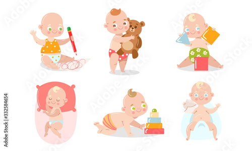 Set of a cute baby in underpants with different situations. Vector illustration in flat cartoon style.