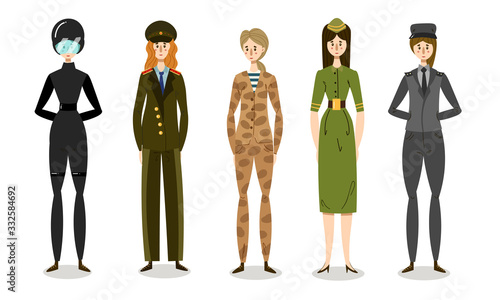 Set of young women soldiers in combat uniforms. Vector illustration in flat cartoon style.