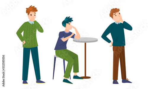 Set of a cute thoughtful young man. Vector illustration in flat cartoon style.