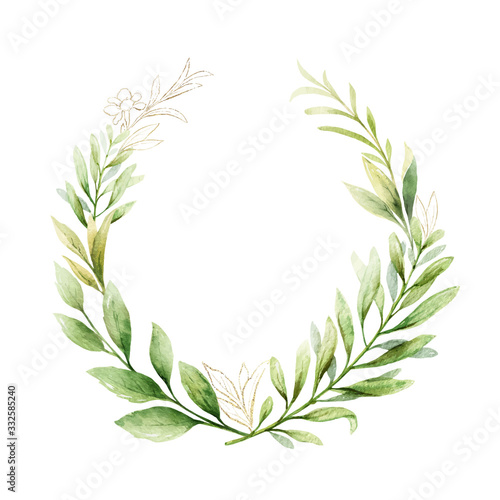 Watercolor vector wreath of pink flowers and almond leaves.