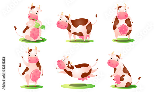 Set of a cute funny cow standing in different poses on grass. Vector illustration in flat cartoon style.