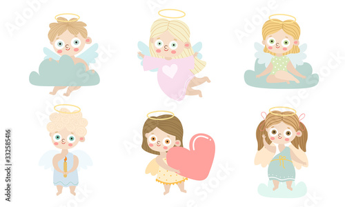 Set of cute beautiful angel kids. Vector illustration in flat cartoon style.