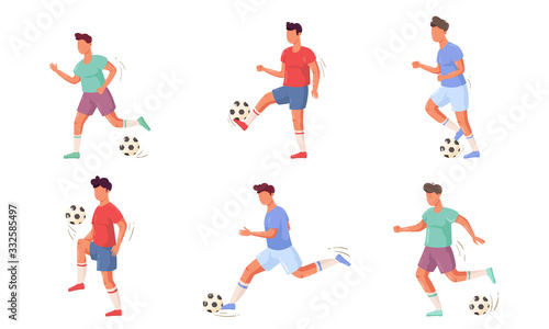 Set of football or soccer player characters in different actions. Vector illustration in flat cartoon style.