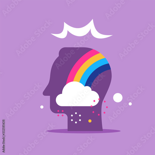 Positive thinking, cloud and rainbow in head, good attitude, optimist mindset